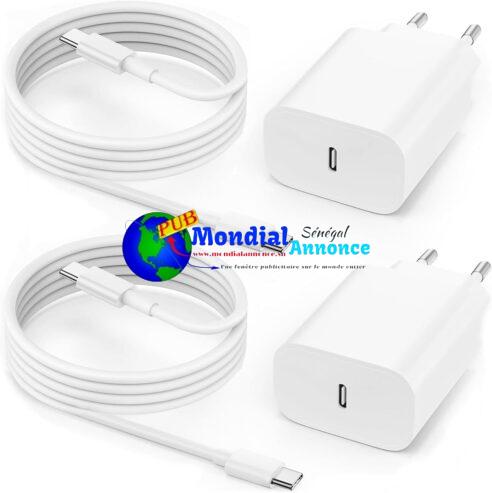Chargeurs Rapides pour iPhone 15 16/15 16 Pro/15 16 Pro Max/15 16 Plus/Pad Pro Air 10e Génération, Lot de 2 Prise Adaptateur Secteur Embout USB C 25W avec Câble 2M