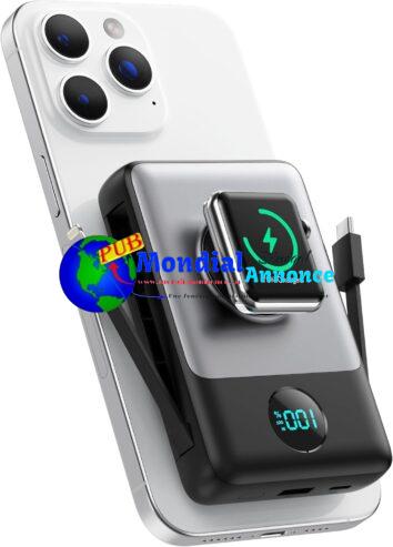 Magnétique Batterie Externe avec Cable Intégré, 10800mAh sans Fil Powerbank PD 25W Charge Rapide Chargeur Externe Portable avec Affichage LED Compatible avec MagSafe/Apple Watch/iPhone 16/15/14/13/12