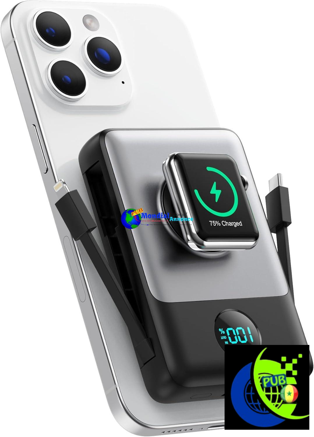 Magnétique Batterie Externe avec Cable Intégré, 10800mAh sans Fil Powerbank PD 25W Charge Rapide Chargeur Externe Portable avec Affichage LED Compatible avec MagSafe/Apple Watch/iPhone 16/15/14/13/12
