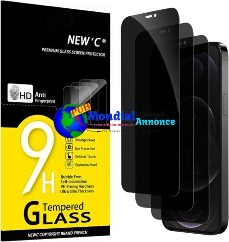 NEW’C Lot de 3, Verre Trempé Anti-Espion pour iPhone 12 Pro Max (6,7 Pouces), Angle de Confidentialité 35 Degrés Équilibré avec Protection des Yeux, Dureté Ultra-Résistante 9H, Sans Bulles