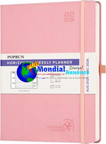 POPRUN Agenda 2025 2026 Semainier Disposition Horizontale 26,5 x 21,5 cm D’Août 2025 à Déc 2026-17 Mois Planner Scolaire, Couverture Rigide, Intervalles de 30 minutes, Papier 80g/m², Rose Doux