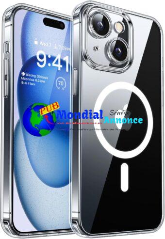 CANSHN Coque Magnétique pour iPhone 15 6,1 Pouces, Compatible avec MagSafe, [Protection Complète de l’appareil Photo] Housse Étui de Protection Antichoc – Transparente