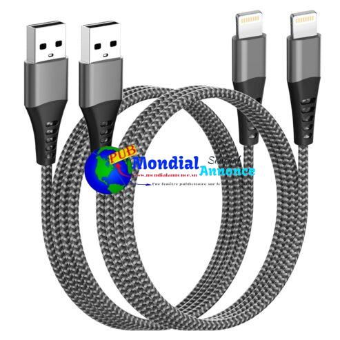 Câble iPhone [1M+1M/Lot de 2],Cable Chargeur iPhone Certifié MFi,Câble Lightning Cable iPhone USB Nylon Cordon iPhone Fil Chargeur iPhone Rapide pour Apple iPhone 14 13 12 11 Pro Max XS XR 8 7 6 iPad