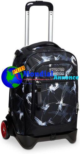 Seven Sac à Dos à Roulettes, New Tech Snaky Boy Sac à Livres à Roulettes, 3 En 1, Sac à Dos Détachable + Trolley, Filles et Garçons, pour L’École, le Sport, Pochette pour Ordinateur Portable, Noir