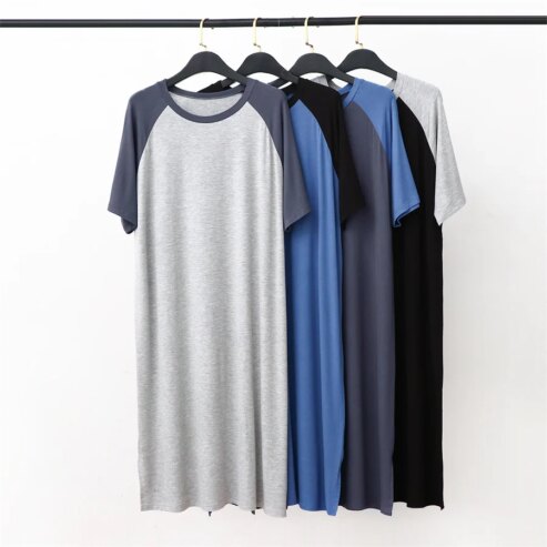 2025 Nouveau pyjama en modal à col rond pour homme, chemise de nuit patchwork, mi-longue, ample, vêtements de maison, vêtements de détente pour hommes, robe grande taille