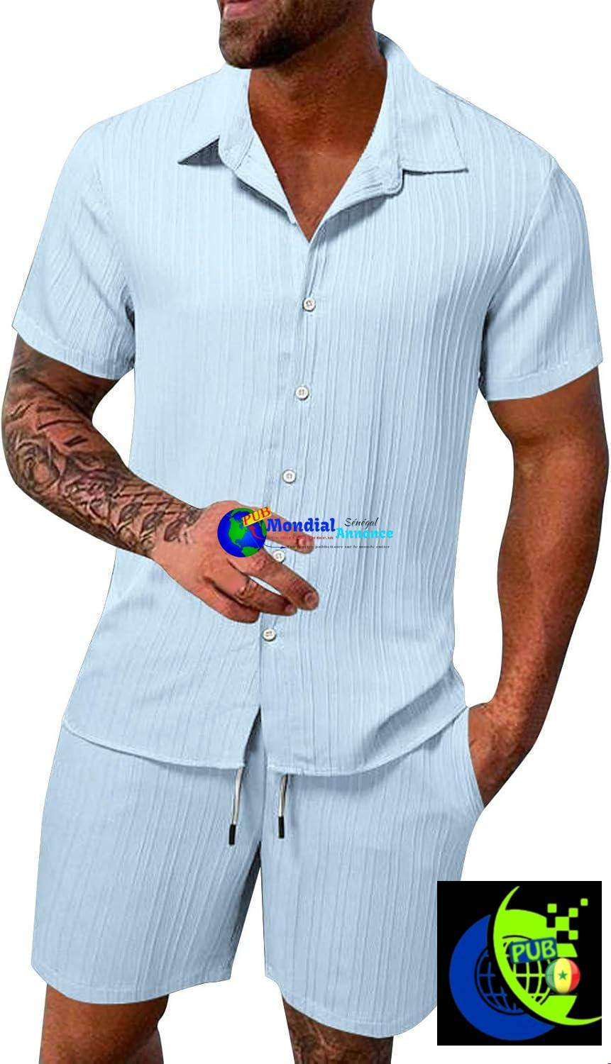Ensemble d’Été 2 Pièces pour Homme (Chemise Boutonnée & Short à Poches)