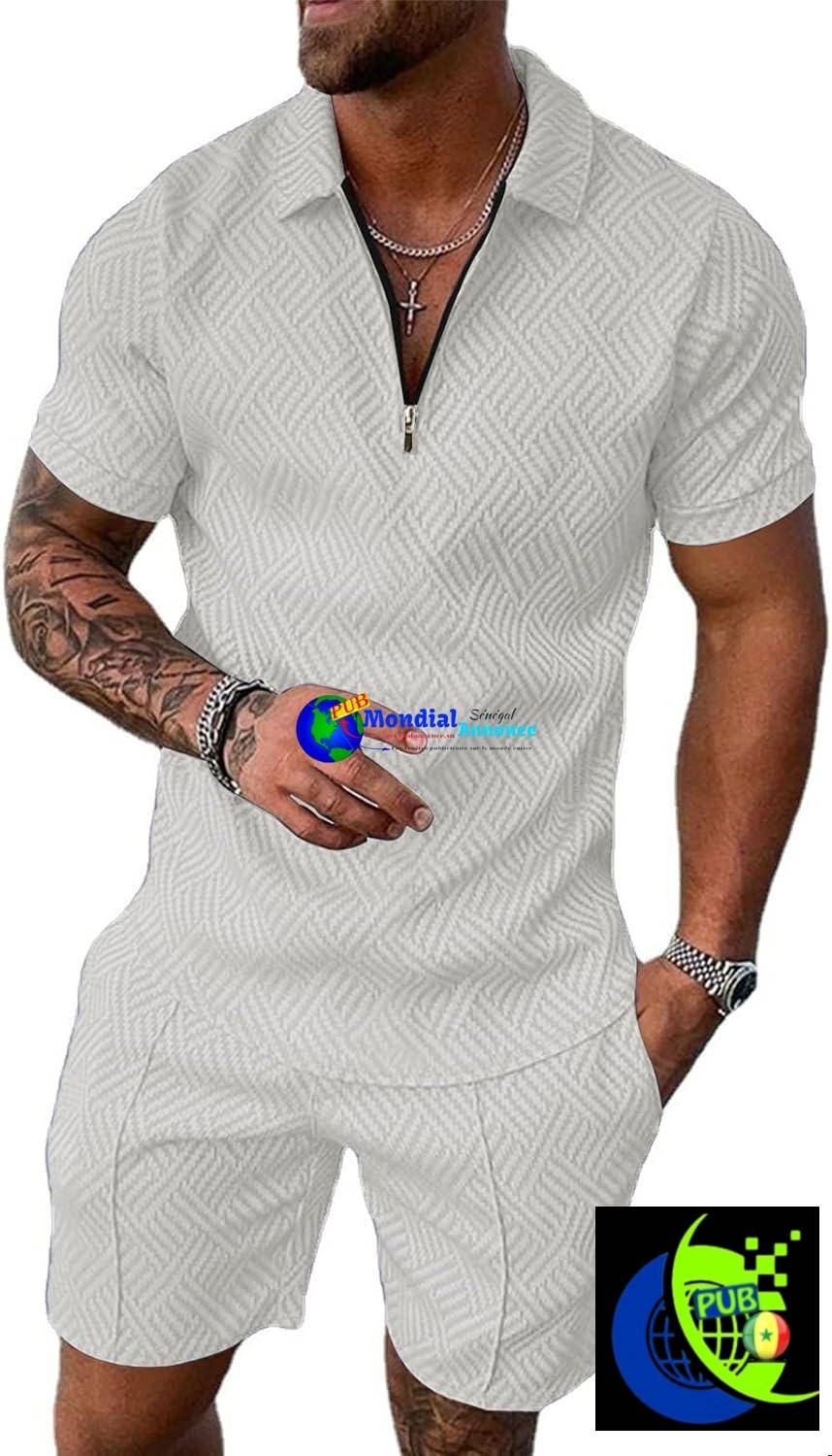 Ensemble de sport pour homme : polo à manches courtes et pantalon long – Haut zippé style jogging et bas – Tenue décontractée deux pièces pour le running