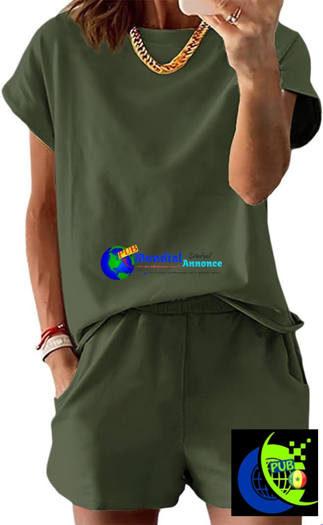 Ensemble décontracté femme (été) : haut à col rond et short – Tenue élégante pour le yoga, le fitness, le jogging ou la détente (style homewear/pyjama)