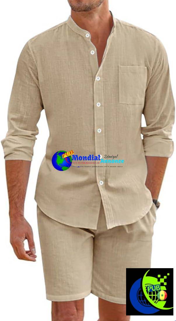 Ensemble 2 Pièces en Lin Homme (Chemise Boutonnée & Short) – Style Sportswear Chic