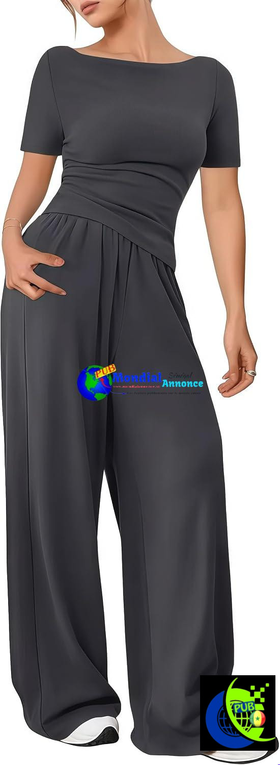 Ensemble d’été 2 pièces pour femme : haut à manches courtes et pantalon à taille élastique large – Tenue décontractée et sportive pour l’été – Ensemble de survêtement à manches courtes avec poches