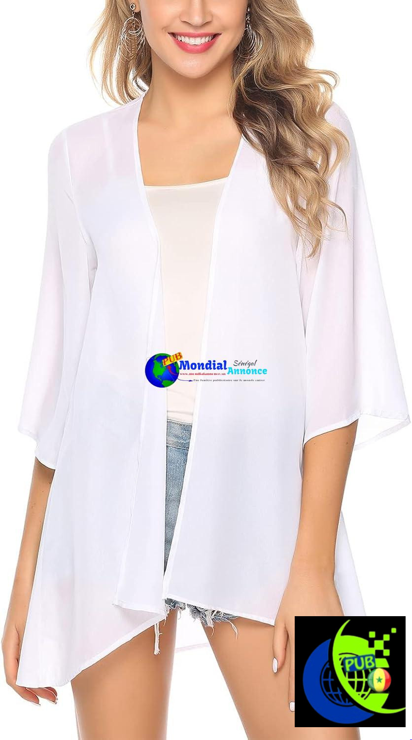 Boléro en mousseline Irevial ​​pour femme – Style kimono, manches 3/4, maille légère | Coupe fluide, voile léger, couvre-épaules–Idéal pour cérémonie à la plage, printemps-été