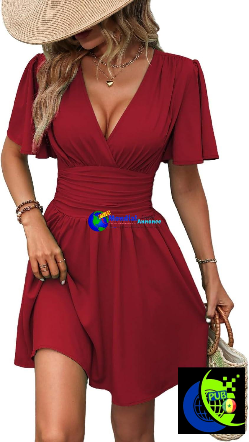 Mini-Robe Femme Élégante Coupe Trapèze Col en V Manches Lanternes Chic et Tendance
