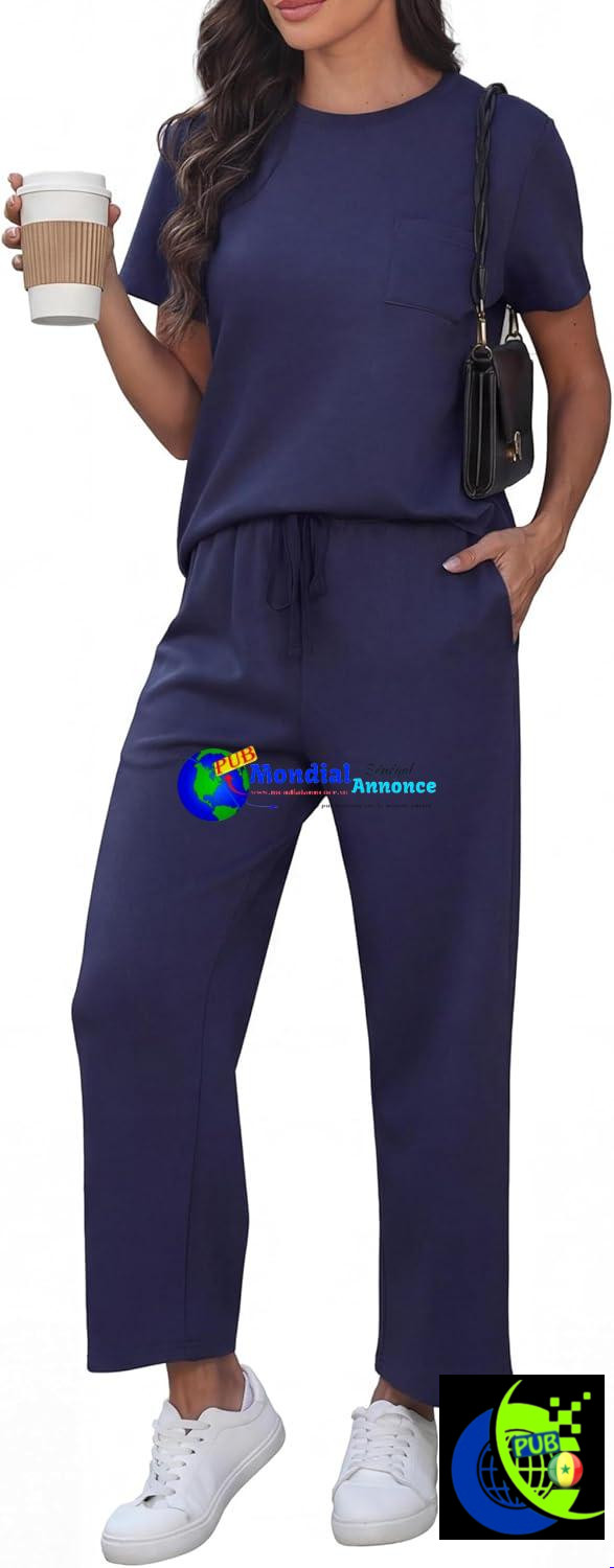 Ensemble deux pièces d’été décontracté GRECERELLE pour femme : haut à manches courtes et col rond avec pantalon de jogging à poches.