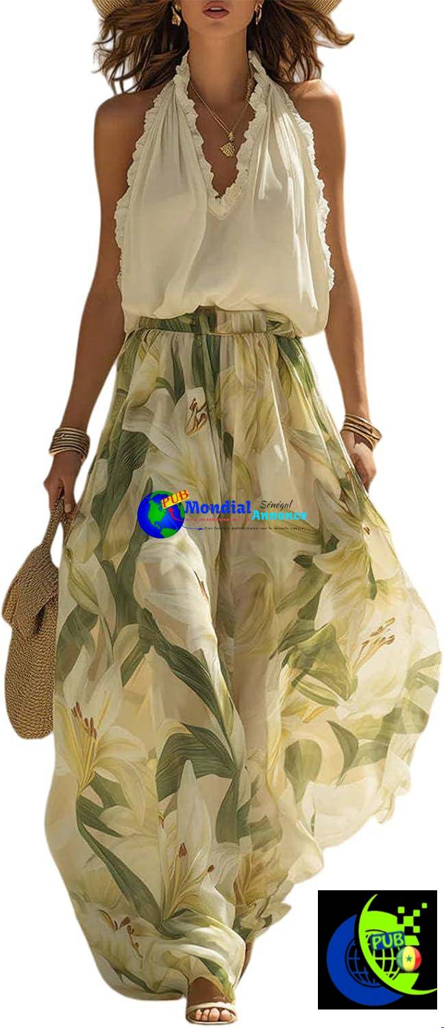 Ensemble 2 pièces pour femme Imprimé floral, dos nu et pantalon large