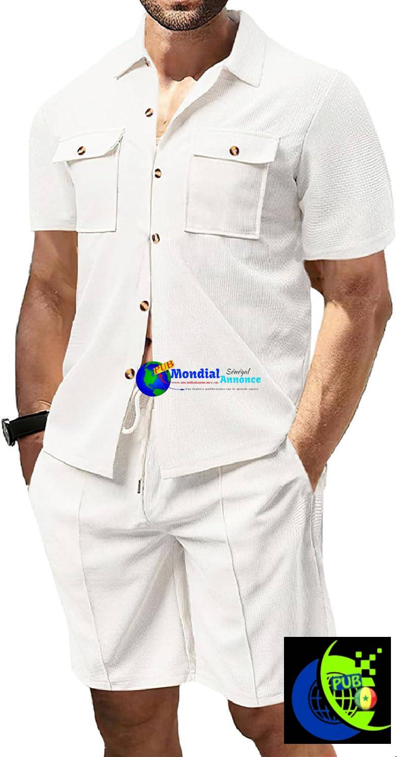 Ensemble d’Été Amropi Pour Homme – Haut Boutonné en Maille Gaufrée & Short