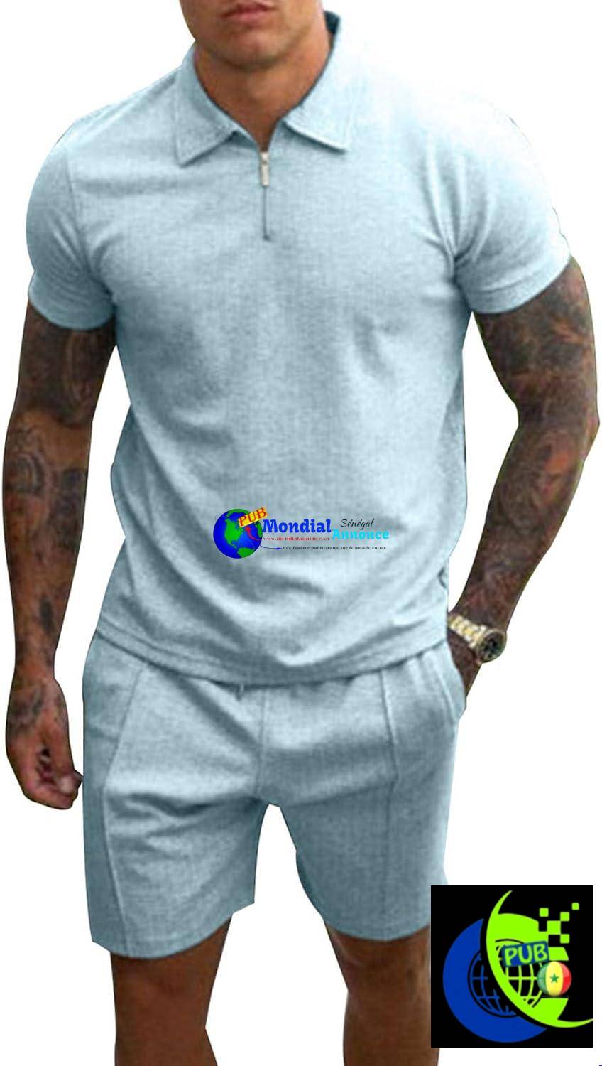 PRIVIMIX Ensemble survêtement d’été pour homme (2 pièces) : T-shirt/Polo à manches courtes et short – Tenue décontractée chic