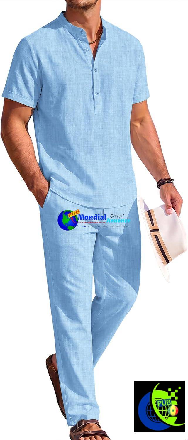 Ensemble homme COOFANDY 2 pièces en coton et lin – Chemise Henley et pantalon