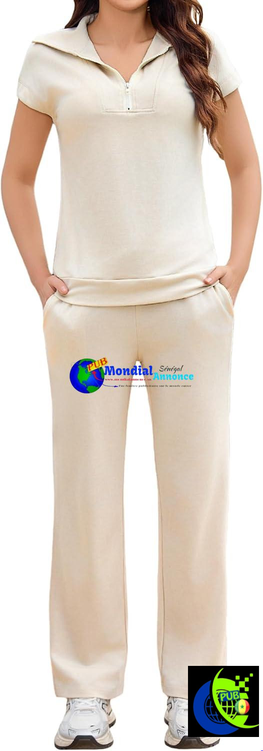 Ensemble de survêtement de sport 2 pièces pour femme Aottori : haut à manches courtes et pantalon, style décontracté pour le yoga et le fitness, poches zippées, chic et élégant.