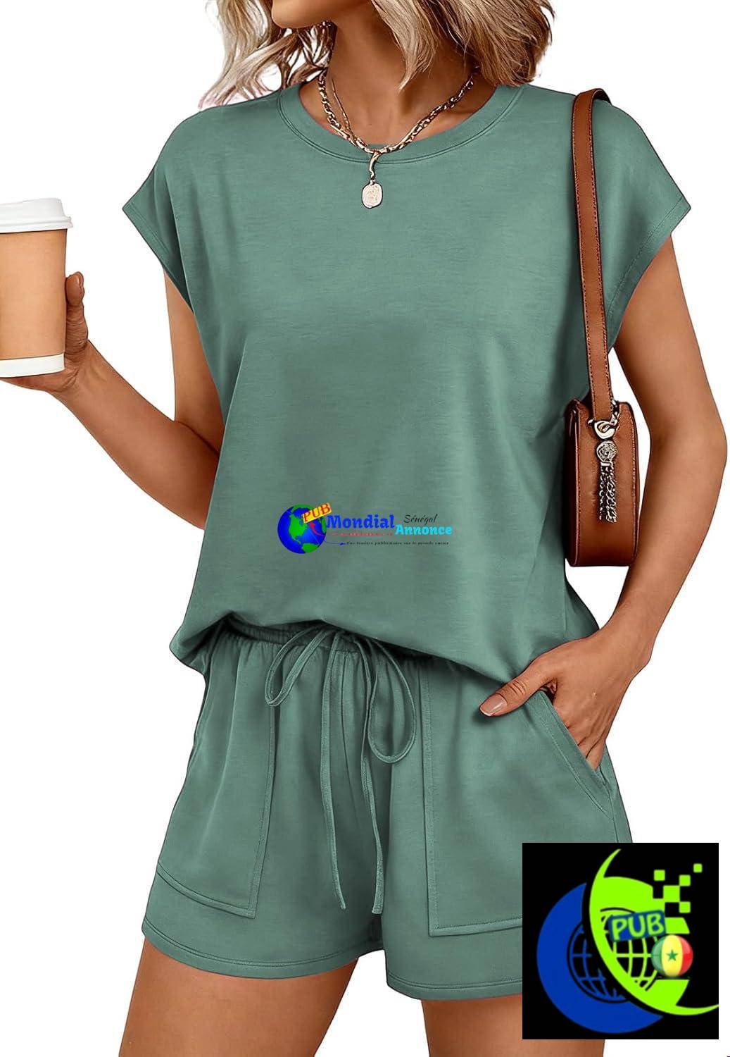Ensemble 2 pièces femme pour l’été, chic et élégant : haut sans manches à col rond et short avec poches – tenue décontractée et sportive.