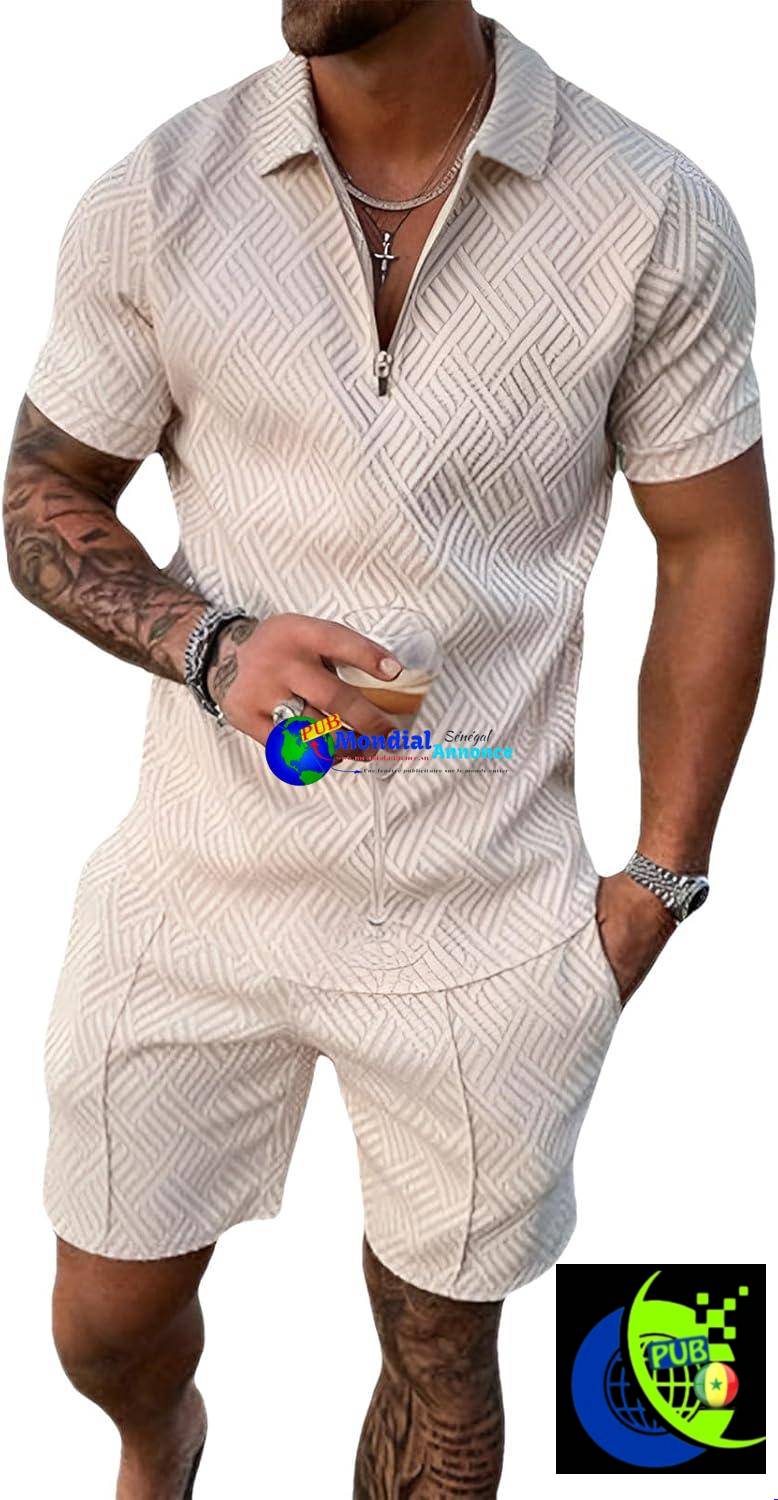Ensemble de sport pour homme Amropi : t-shirt à manches courtes zippé et short