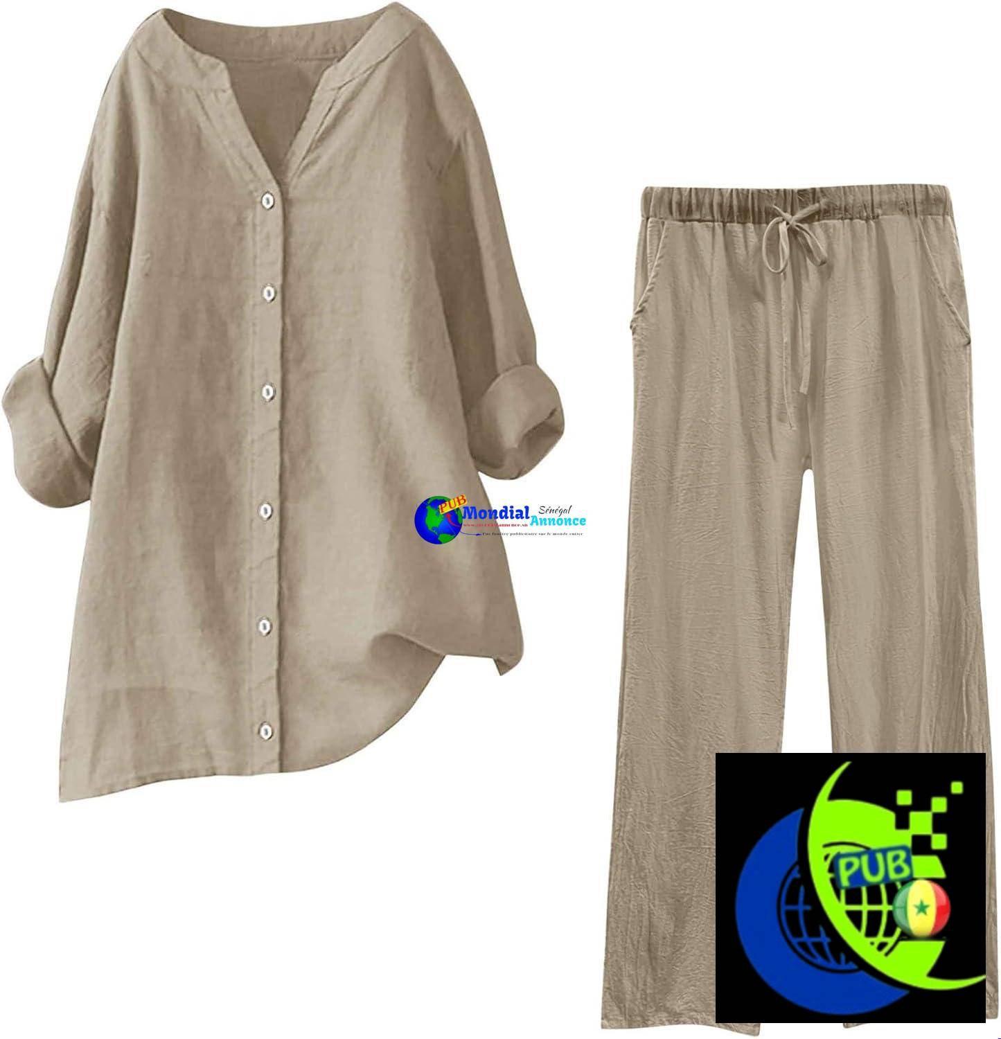 Ensemble 2 pièces d’été en lin pour femme (grandes tailles) : chemise à manches longues, col en V et boutons + pantalon ample à taille élastique. Tenue décontractée style streetwear, légère et unie, idéale pour la plage ou la détente.