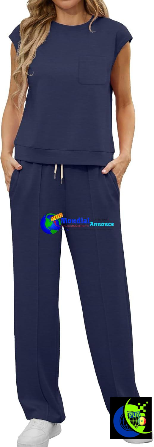 GRECERELLE Ensemble de survêtement deux pièces pour femme – Tenue d’été décontractée comprenant un haut à col rond et manches casquette ainsi qu’un pantalon de jogging avec poches.