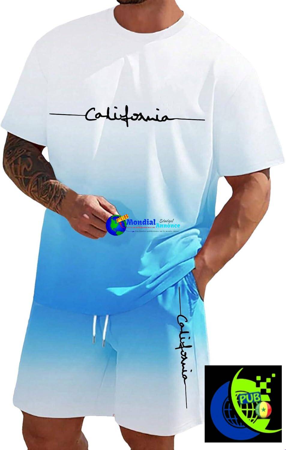 Ensemble décontracté et chic pour homme (été) : chemisette respirante et bermuda ample à taille élastique (style jogging, 2 pièces, tailles S à 6XL)