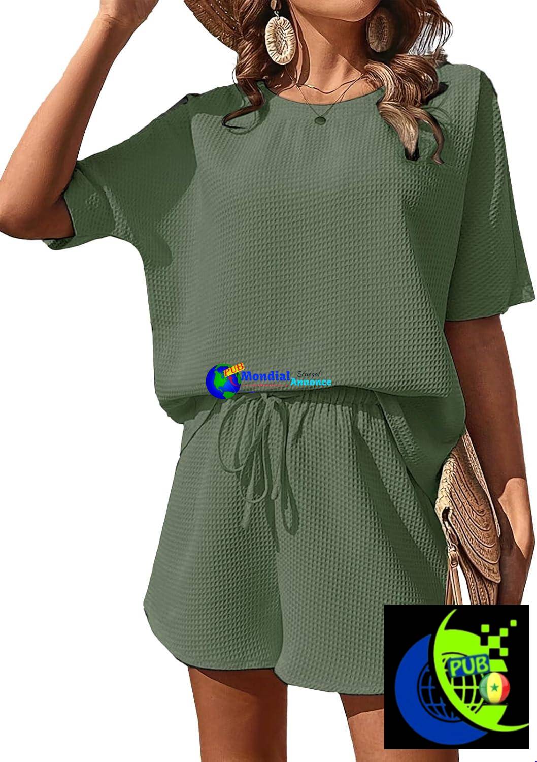 Ensemble 2 pièces élégant pour femme : t-shirt uni et short taille haute à cordon de serrage – Tenue de sport décontractée pour l’été