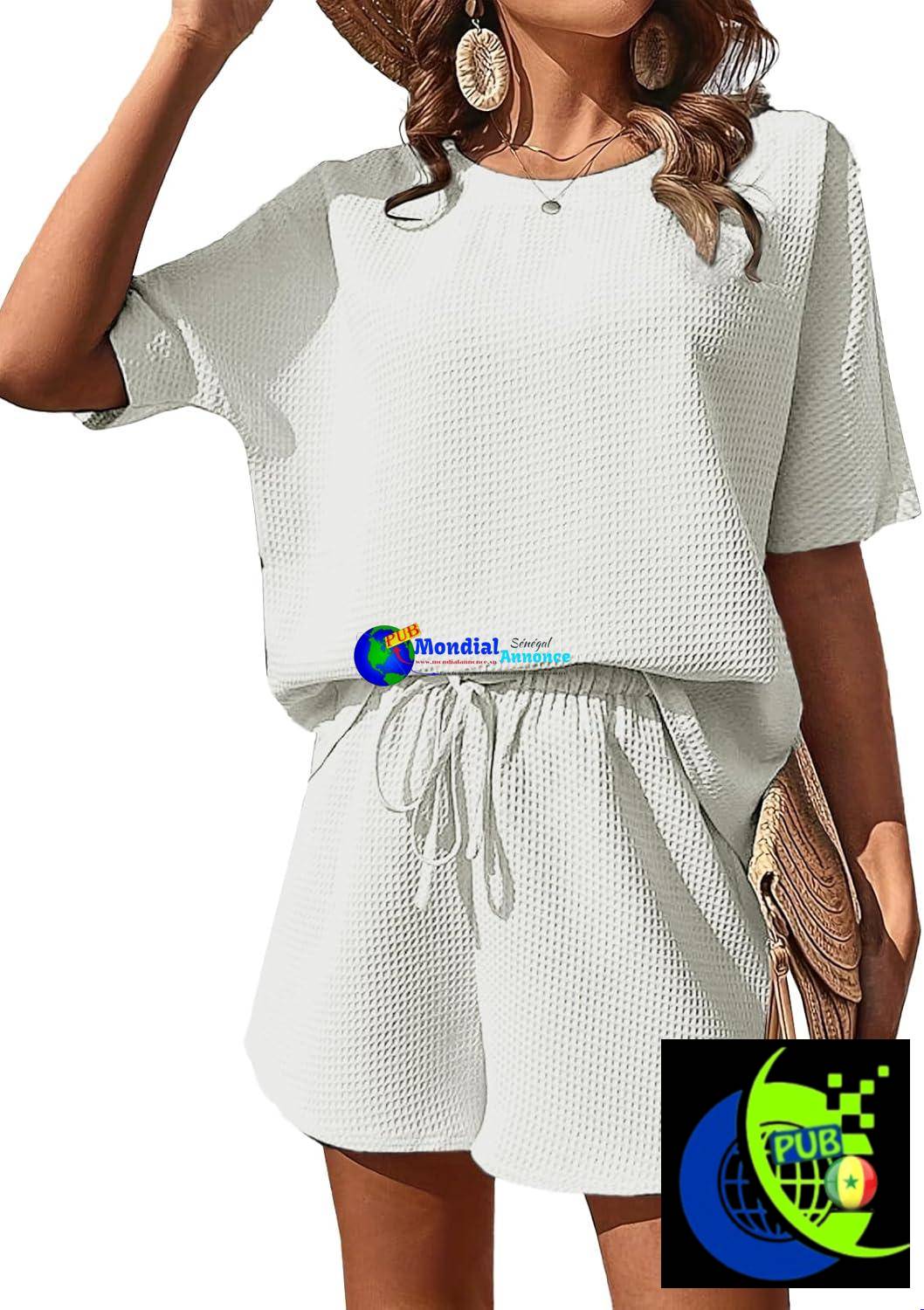 Ensemble 2 pièces élégant pour femme : t-shirt uni et short taille haute à cordon de serrage – Tenue de sport décontractée pour l’été
