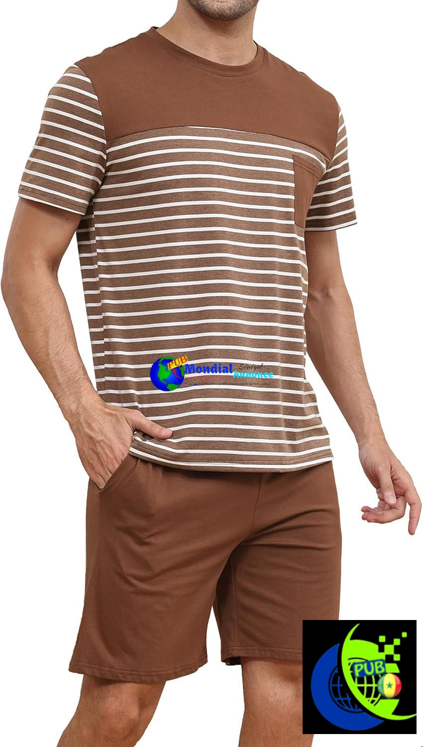Pyjama d’Été Homme 2 Pièces (100% Coton) – Haut Rayé & Short avec Poches