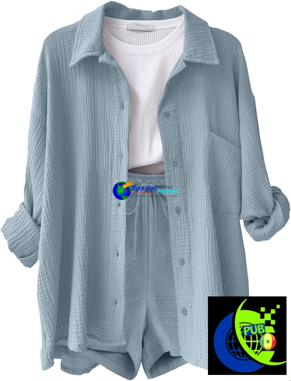 Ensemble 2 Pièces Femme CheChury (Chemise & Short en Coton-Lin)