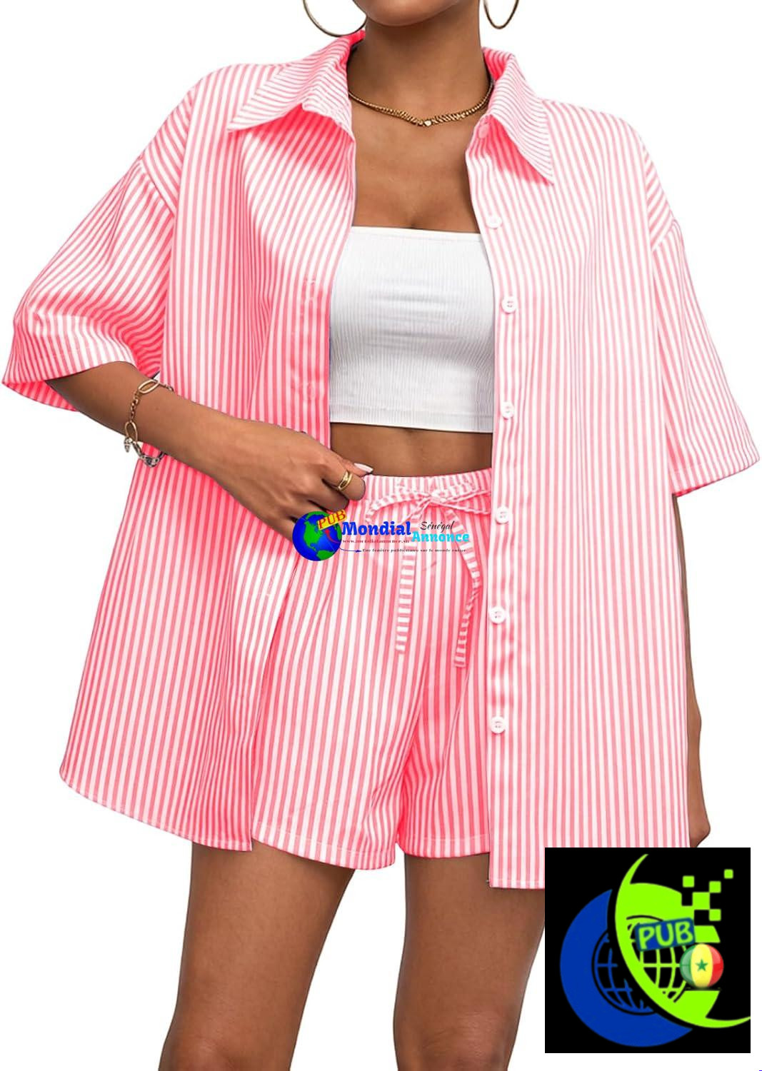 Ensemble Deux Pièces Femme Rayson Chemise à Rayures & Short Tenue d’Été Chic et Décontractée