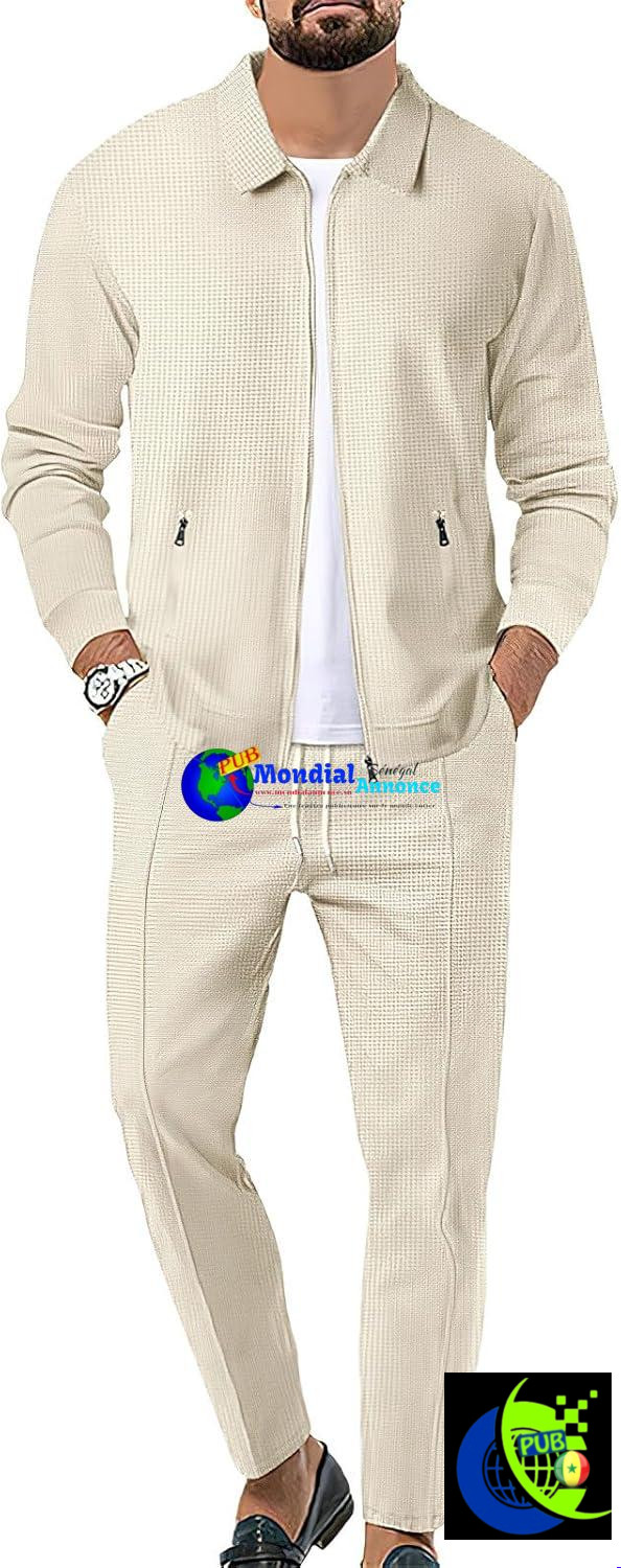 Ensemble de survêtement homme 2 pièces – Veste zippée et pantalon en maille gaufrée