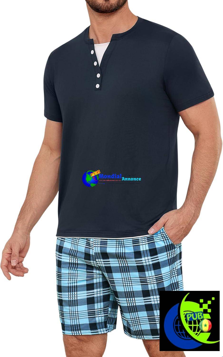 Ensemble Pyjama Homme d’Été en Coton – T-Shirt Col V & Short à Carreaux