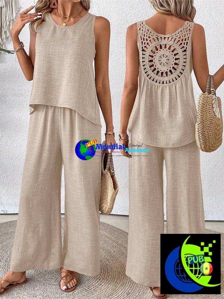 Ensemble d’été 2 pièces pour femme : débardeur sans manches et pantalon palazzo à jambes larges, avec dos en crochet à la taille