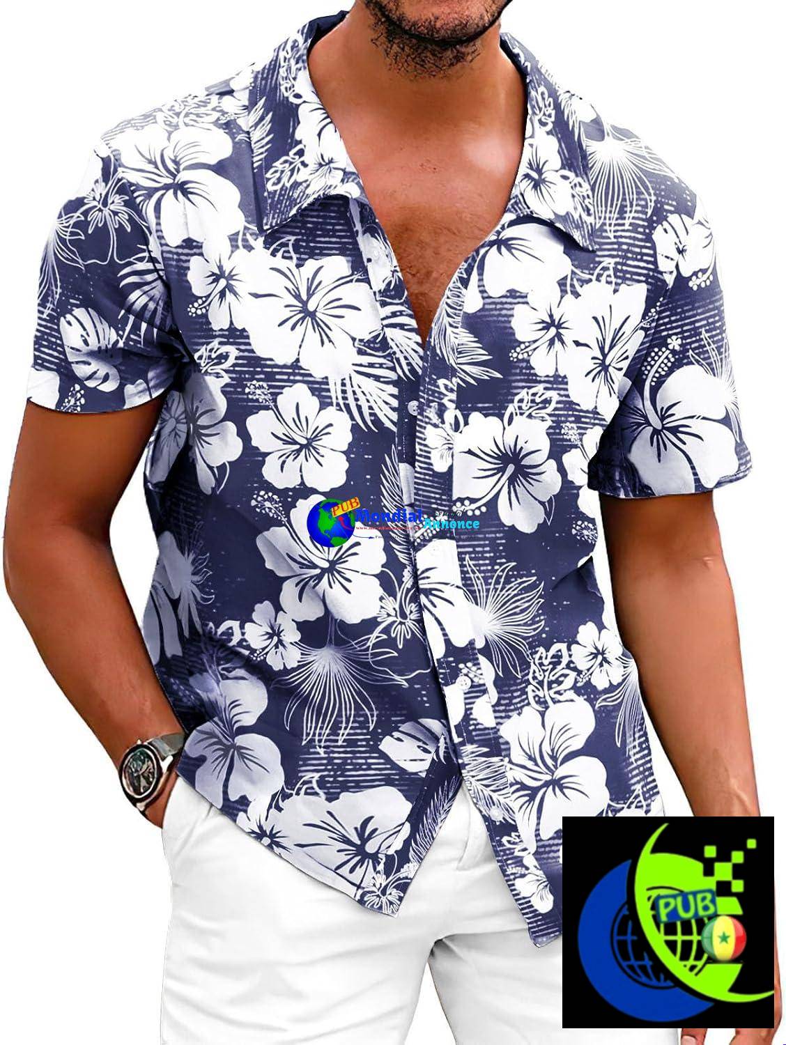 Chemise hawaïenne homme à motifs floraux, manches courtes, col en V, légère et boutonnée – Idéale pour l’été et les festivals (Tailles M-3XL)