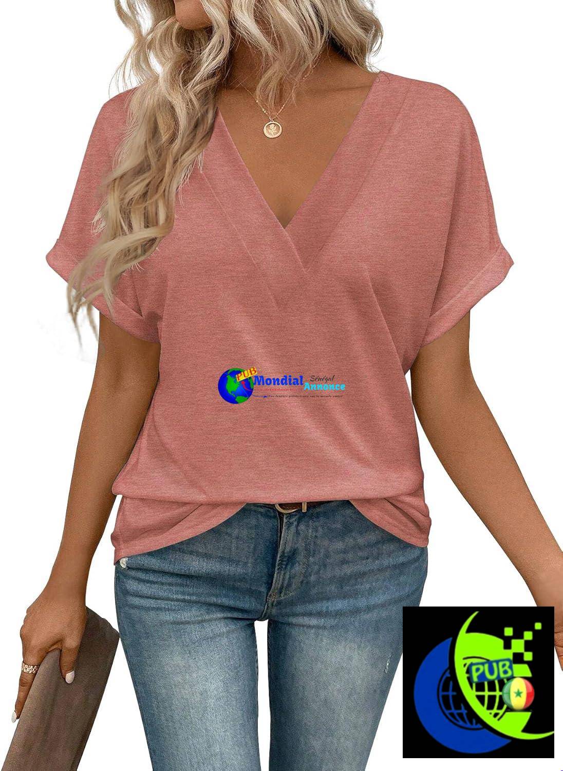 Cuptacc T-Shirt Femmes Col en V & Manches Courtes – Haut d’Été Décontracté & Coupe Ample
