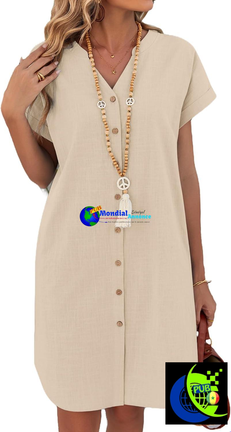 Robe Chemise d’Été en Lin Zeagoo pour Femme – Col V & Poches (Tailles S à XXL)