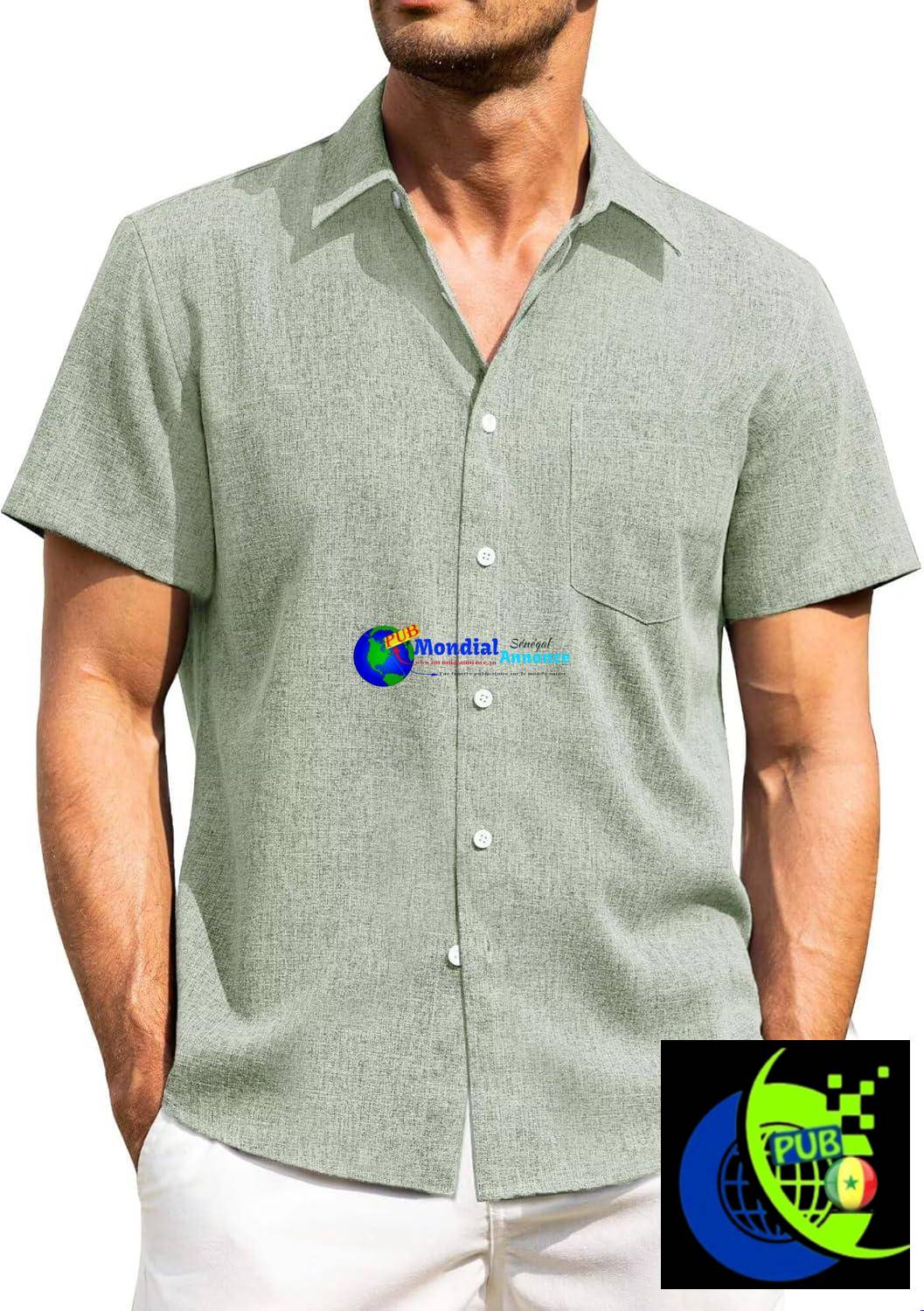 Chemise d’été décontractée en lin pour homme à manches courtes et poche poitrine