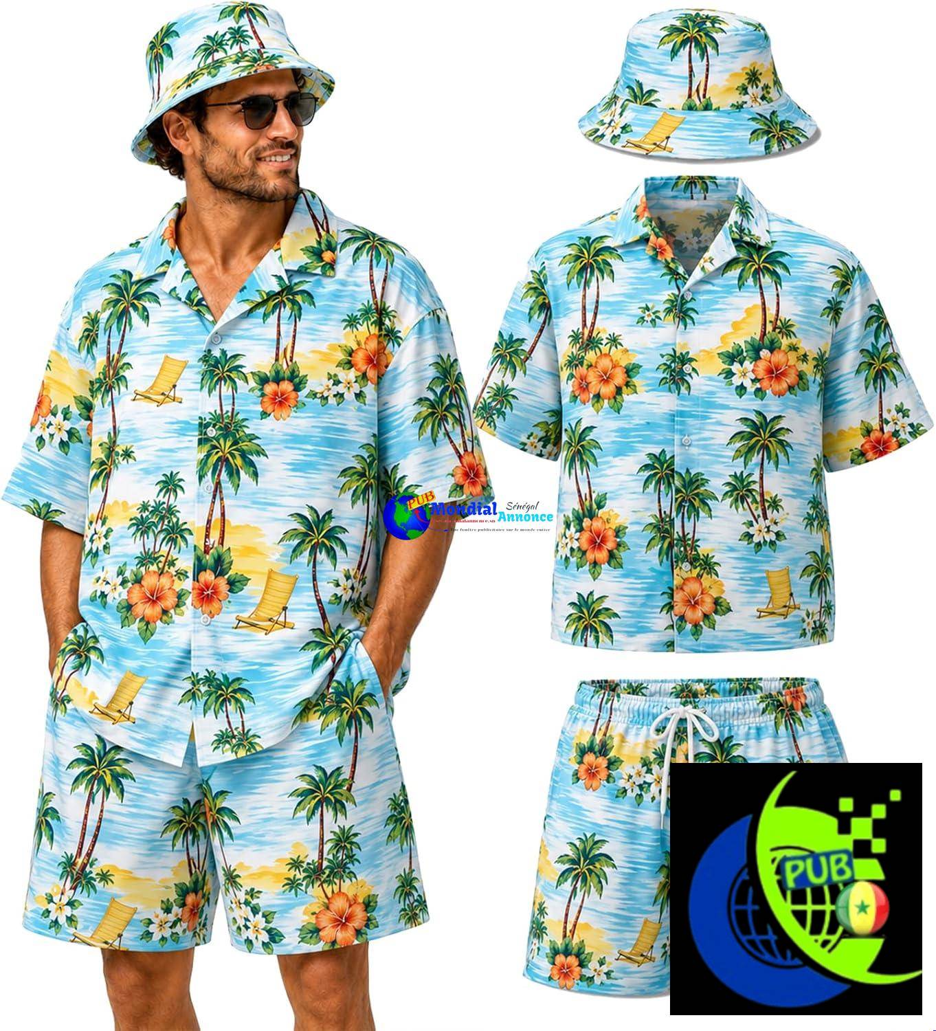 Ensemble Chemise Hawaïenne Homme 3 Pièces avec Chemise, Short & Chapeau