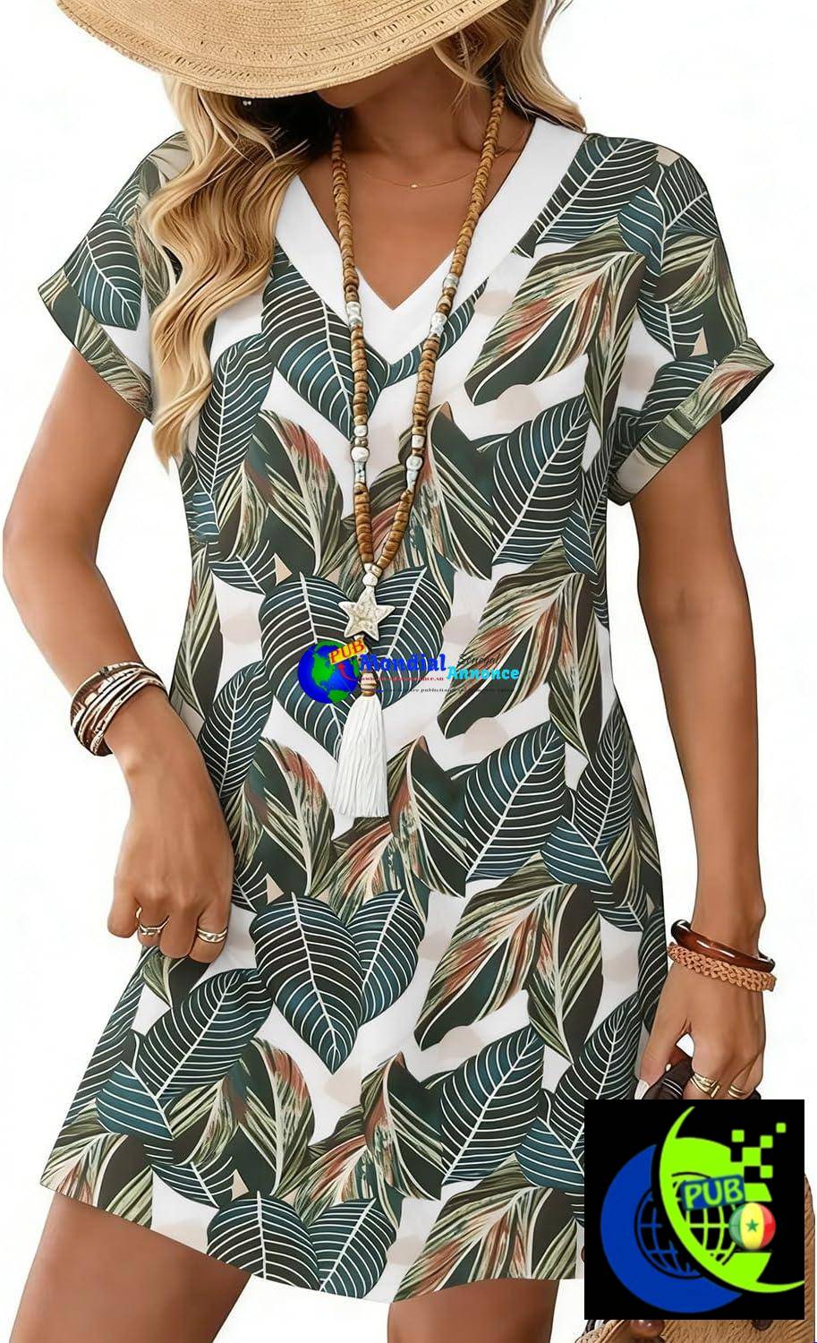 Robe d’Été Chic pour Femmes (Manches Courtes, Col en V & Poches)