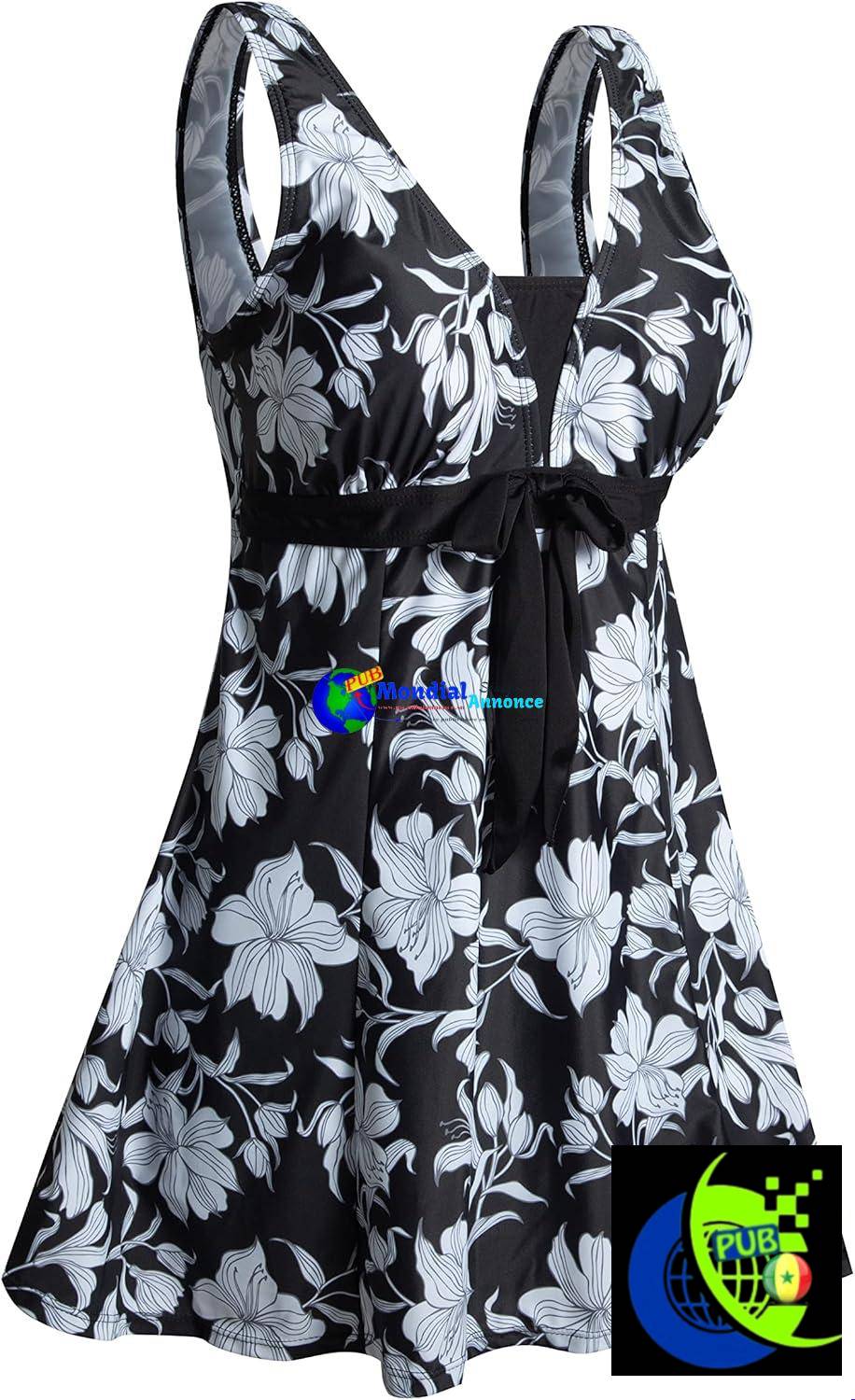 Maillot de bain une pièce pour femme Ecupper – Style rétro avec jupe à volants, effet ventre plat, effet push-up et décolleté en V