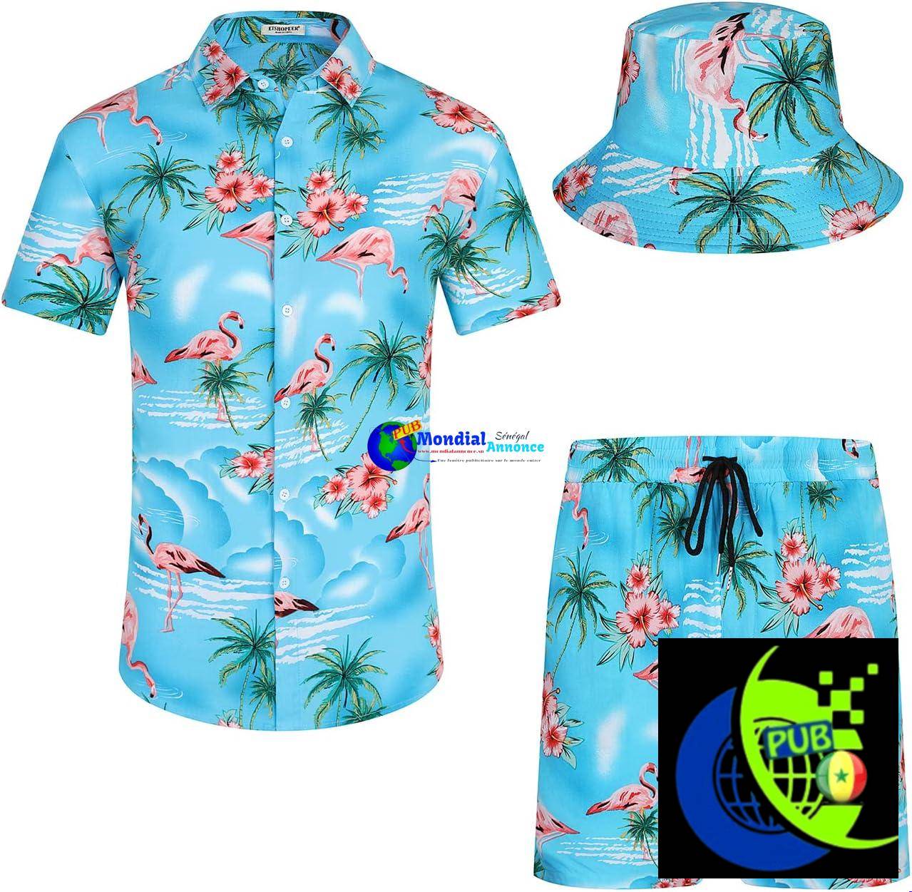 Lot de 2 ensembles hawaïens homme–Chemise boutonnée, short et bob