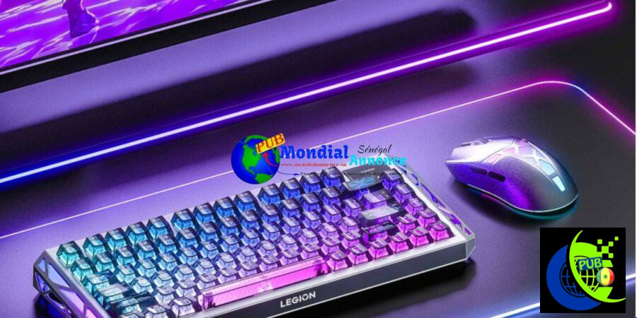 Lenovo Legion Y7MG gaming mouse shown with RGB gaming setup