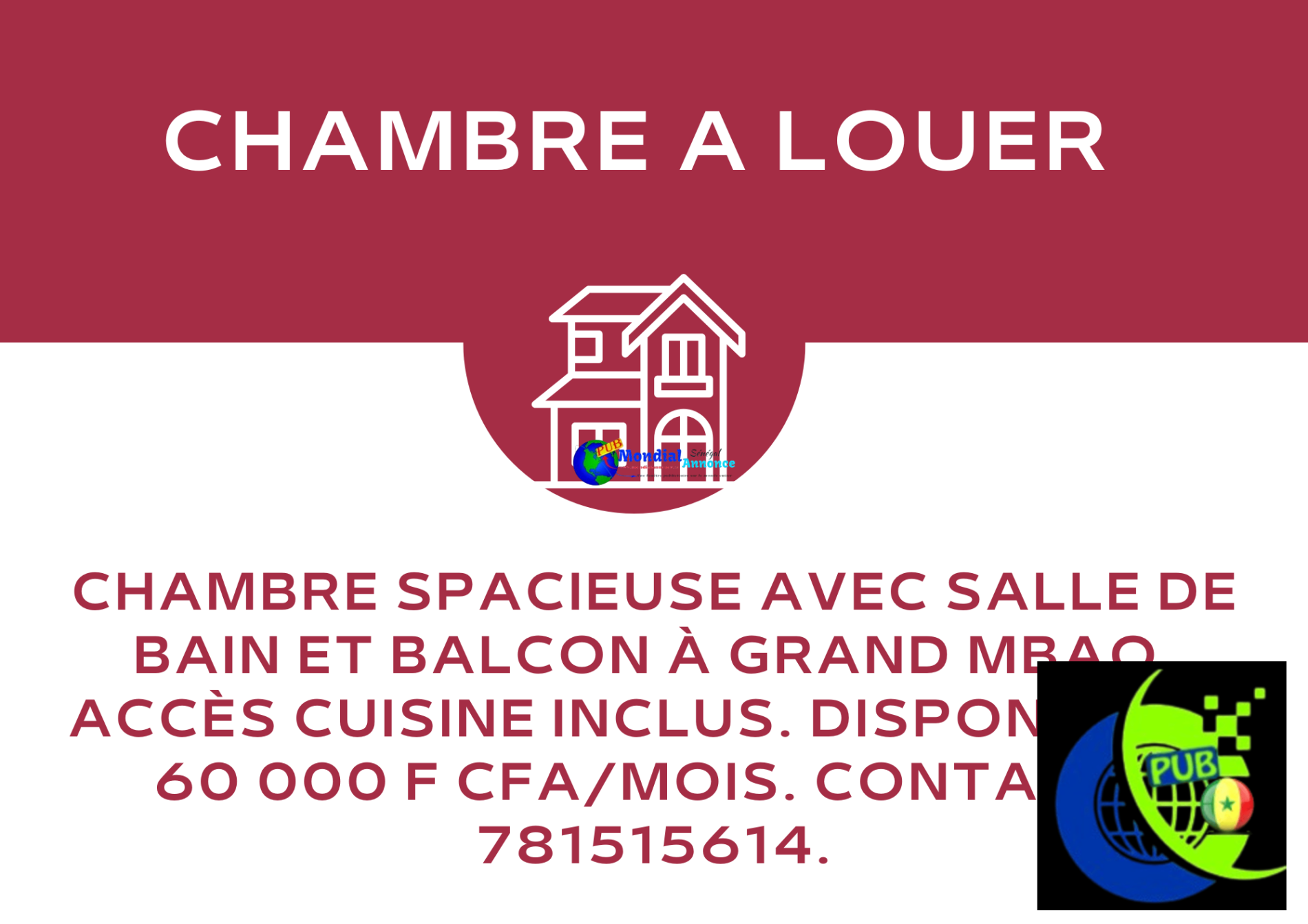 Chambre avec Salle de Bain & Balcon à Grand Mbao – 60 000 F CFA/Mois