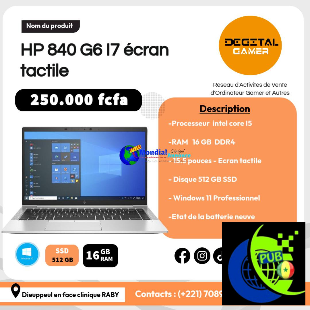 PC Portable HP 840 G6 – Core i7, 16Go RAM, SSD 512Go, Écran Tactile