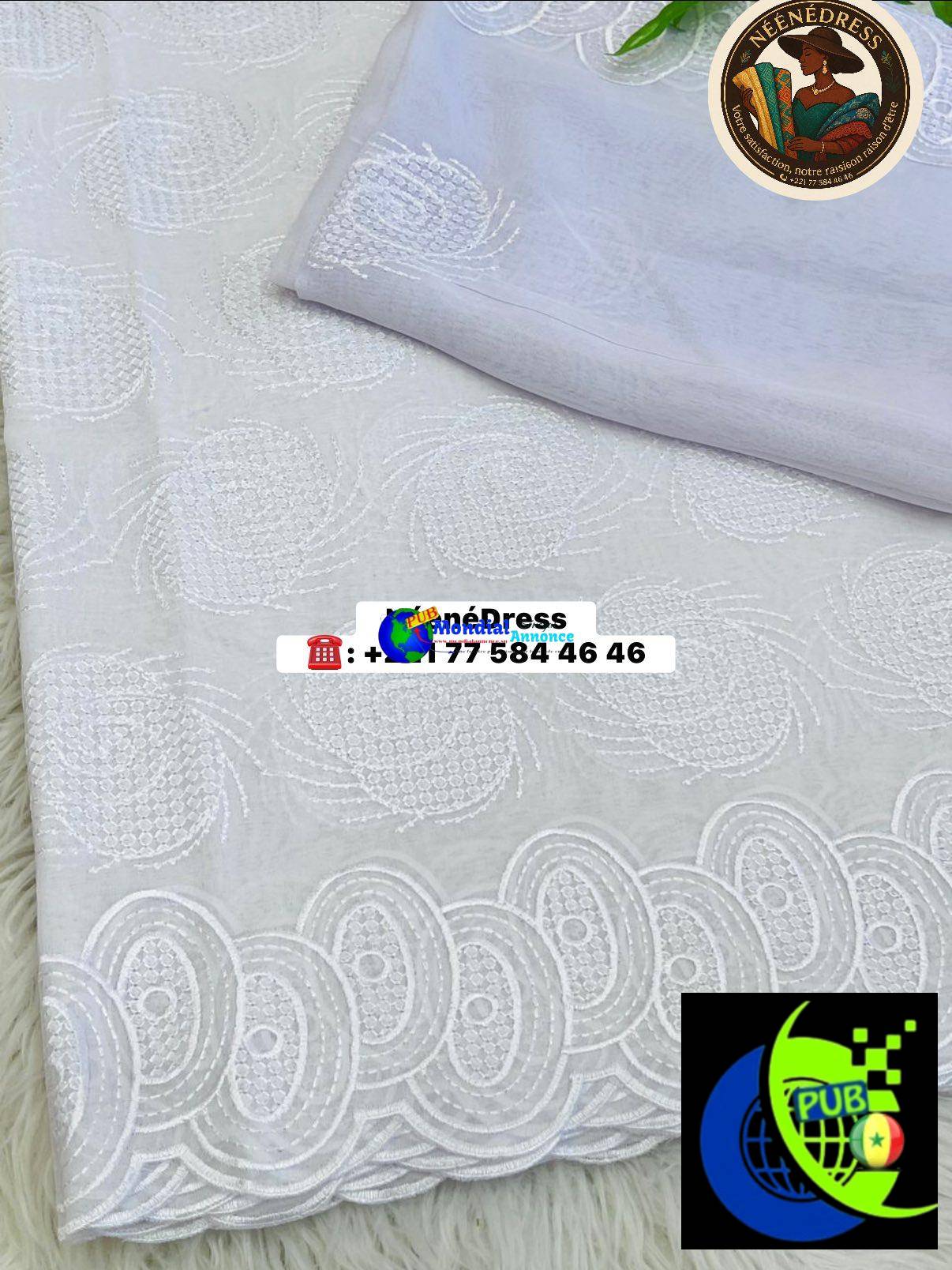 Élégance Assurée : Voile Suisse Brodé Certifié avec Foulard – 5 Yards