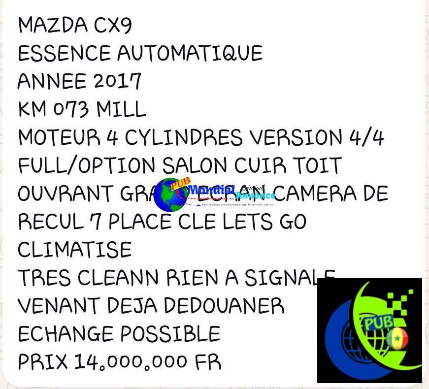Mazda CX-9 d’occasion disponible – Année 2017 Full Option (7 places)