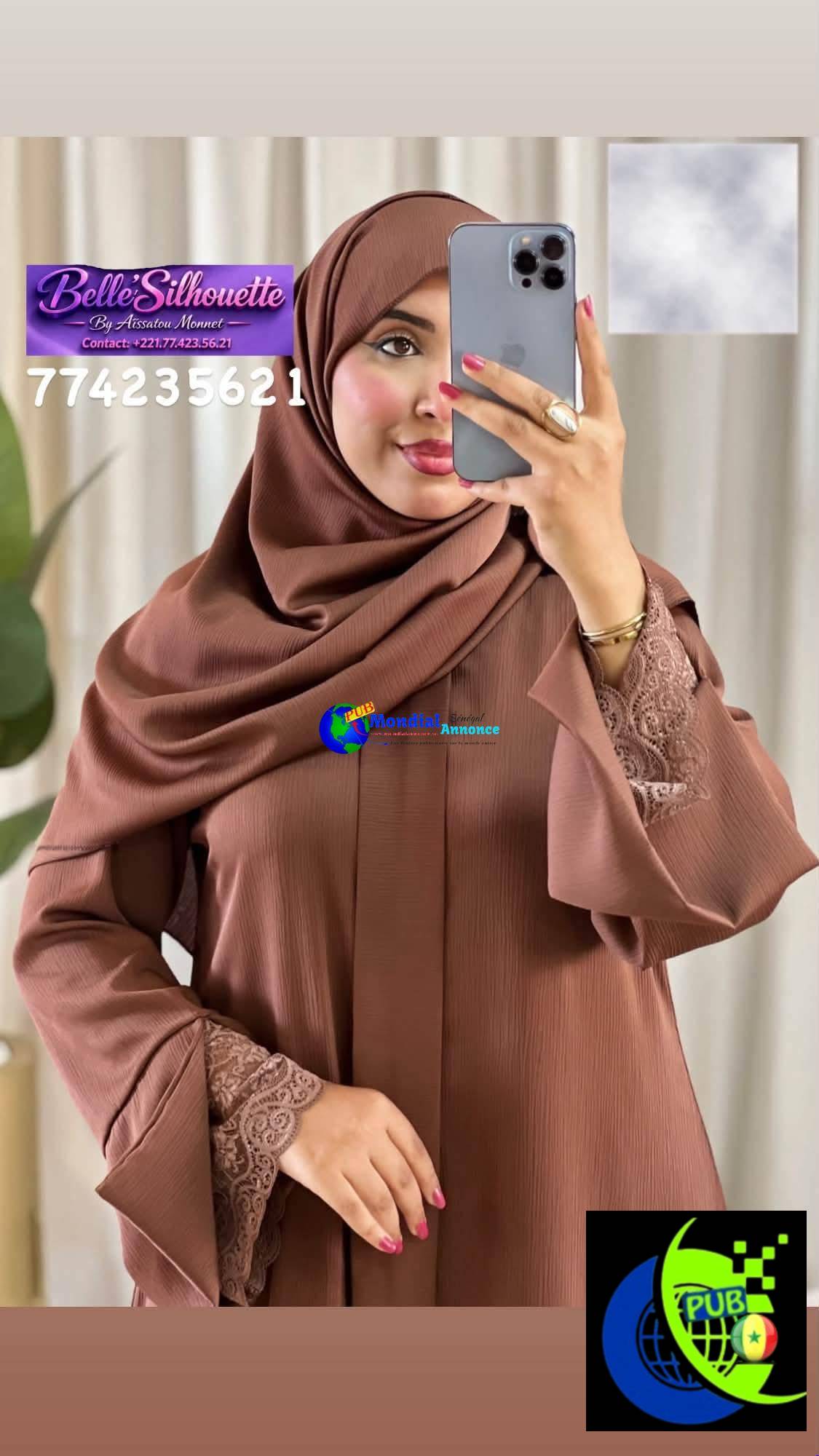 Abaya Moderne avec Foulard Assorti (Double Manche Dentelle) disponible pour femmes