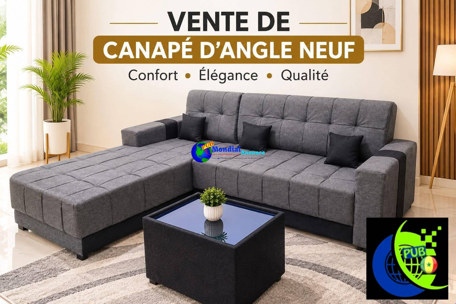 À vendre : Canapé d’Angle Neuf avec Table Basse. Prix : 125 000 F CFA